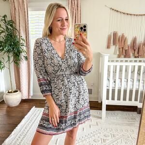 Dee Elle Faux Wrap 3/4 Sleeve Floral Mini Dress M